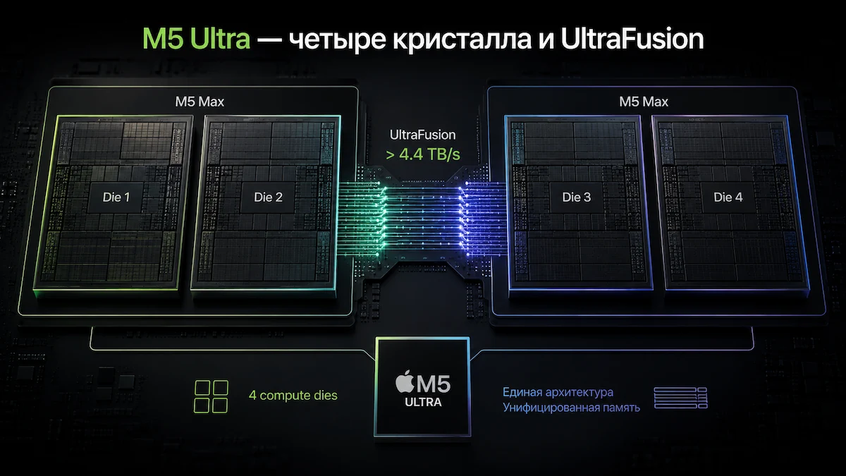 M5 Ultra — четыре вычислительных кристалла и технология UltraFusion