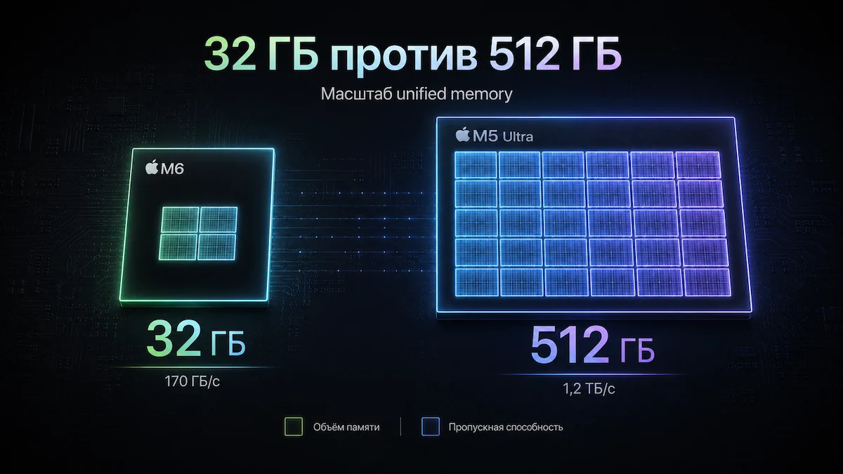 Сравнение unified memory Apple M6 и M5 Ultra — 32 ГБ против 512 ГБ
