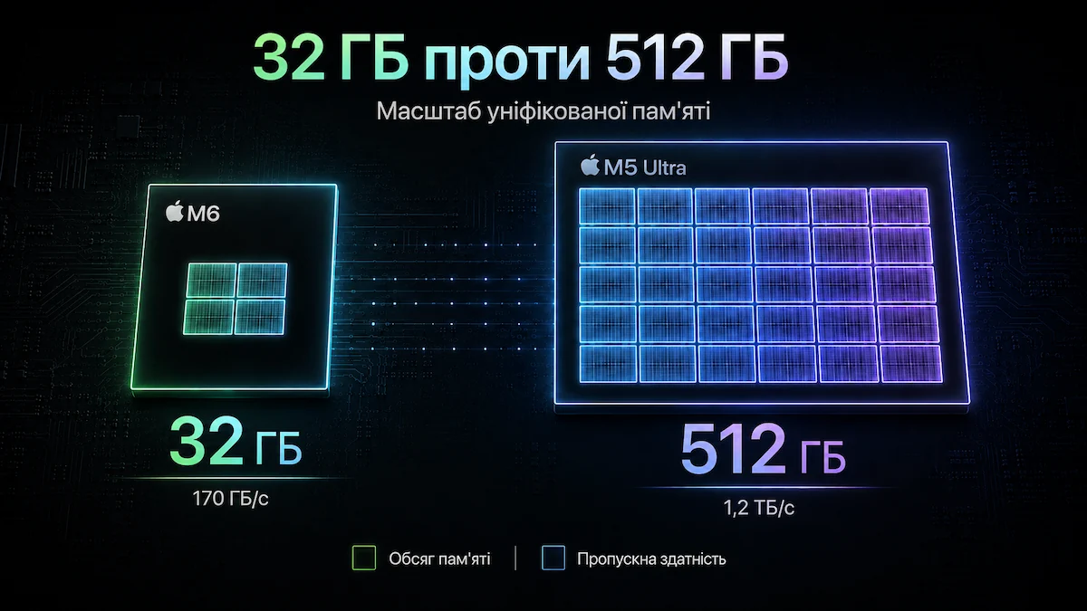 Сравнение unified memory Apple M6 и M5 Ultra — 32 ГБ против 512 ГБ