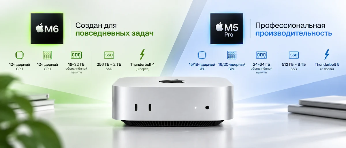 Сравнение Mac mini 2026 на M6 и M5 Pro