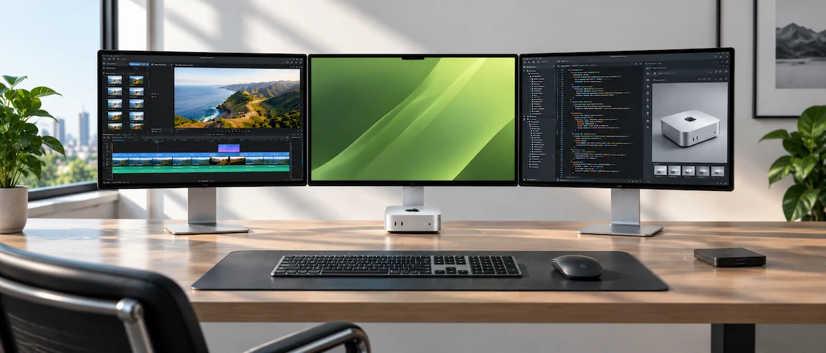 Рабочее место с Mac mini 2026 и тремя дисплеями